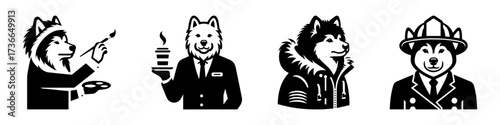 Modern Minimalist American Eskimo Dog-Headed Man Painting Icon, Flat Silhouette of a Creative Artist Vector for Artistic Illustration Design