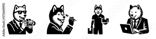 Modern Minimalist American Eskimo Dog-Headed Man Photographer Icon, Flat Silhouette of a Camera Holding Character Vector for Photography Illustration Design