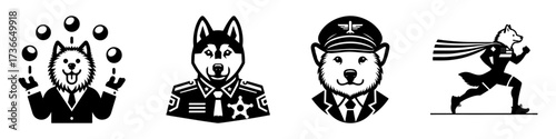 Modern Minimalist American Eskimo Dog-Headed Man in Air Force Uniform Icon, Flat Silhouette of a Military Character Vector for Heroic Illustration Design