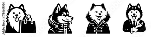 Modern Minimalist American Eskimo Dog-Headed Man in Winter Jacket Icon, Flat Silhouette of a Cold Weather Character Vector for Seasonal Illustration Design