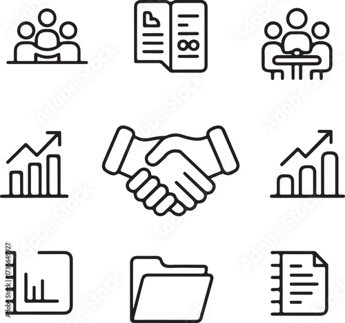 Office Partnership Outline Icons Team Agreement, Shared Documents, Handshake, Business Growth Arrows, and Professional Unity Symbols