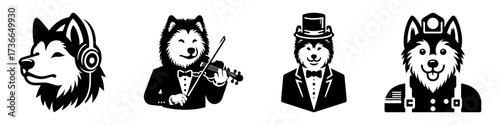 Modern Minimalist American Eskimo Dog-Headed Man Playing Piano Icon, Flat Silhouette of a Musical Character Vector for Performance Illustration Design