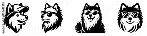 Modern Minimalist American Eskimo Dog Head with Glasses Icon, Flat Silhouette of a Stylish Pet Vector for Fashion Illustration Design