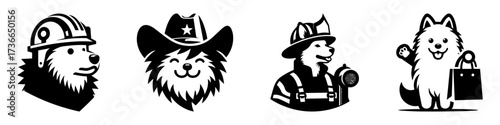 Modern Minimalist American Eskimo Dog Wearing Helmet Icon, Flat Silhouette of a Protective Gear Character Vector for Safety Illustration Design
