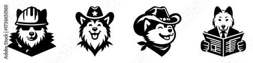 Modern Minimalist American Eskimo Dog Wearing Cowboy Hat Icon, Flat Silhouette of a Western Style Character Vector for Wild West Illustration Design