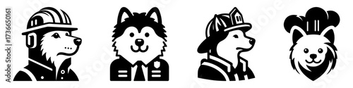 Modern Minimalist American Eskimo Dog-Headed Man Fireman Icon, Flat Silhouette of a Rescue Character Vector for Safety Illustration Design