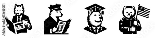Modern Minimalist American Eskimo Dog-Headed Man Reading Newspaper Icon, Flat Silhouette of a Daily Press Character Vector for Media Illustration Design