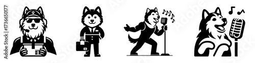 Modern Minimalist American Eskimo Dog-Headed Man Singing Icon, Flat Silhouette of a Musical Character Vector for Performance Illustration Design