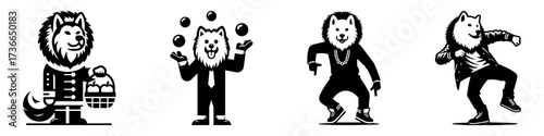 Modern Minimalist American Eskimo Dog-Headed Man Carrying Basket Icon, Flat Silhouette of a Market Character Vector for Lifestyle Illustration Design