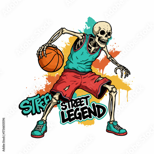 Colorful Detailed Skeleton Playing Basketball Street Legend Style Illustration