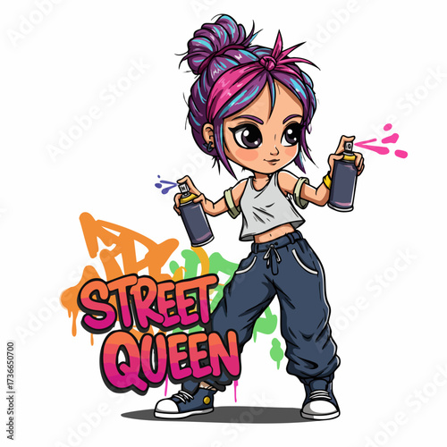 Cute Cartoon Style Graffiti Girl Spray Paint Street Art Illustration