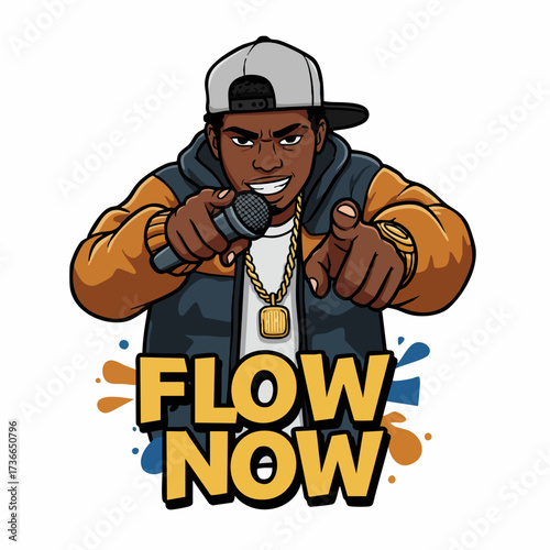 Dynamic Cartoon Style Rapper Character with Microphone and Flow Now Text
