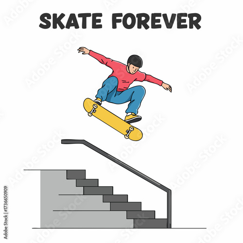Fun Cartoon Style Skateboarder Performing a Jump Trick Illustration Graphic
