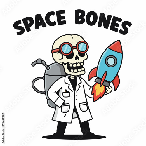 Cartoon Skeleton Scientist with Rocket and Jetpack Illustration in Space