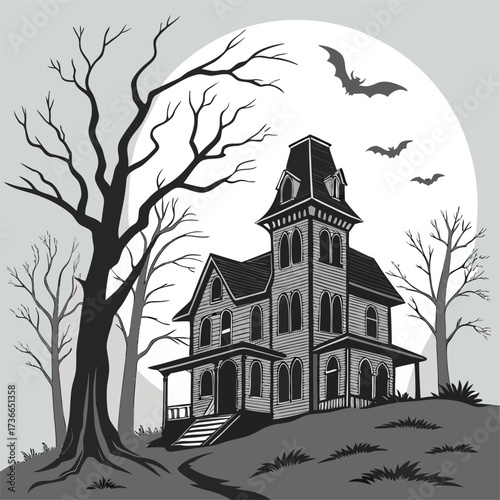 Haunted house silhouette with witch bats and howling wolf halloween halloween home silhouette black vector