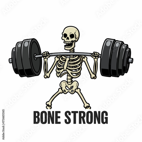 Cartoonish Strong Skeleton Lifting Barbell Illustration for Gym and Fitness
