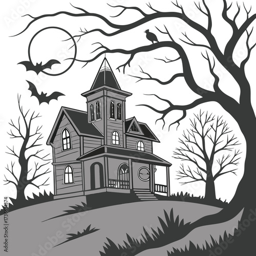 Haunted house silhouette with witch bats and howling wolf halloween halloween home silhouette black vector