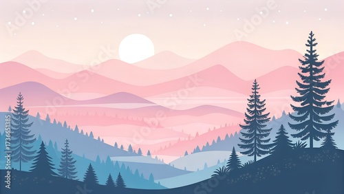 A vector illustration of a mountain range with pine trees and a pastel colored sky and sun above