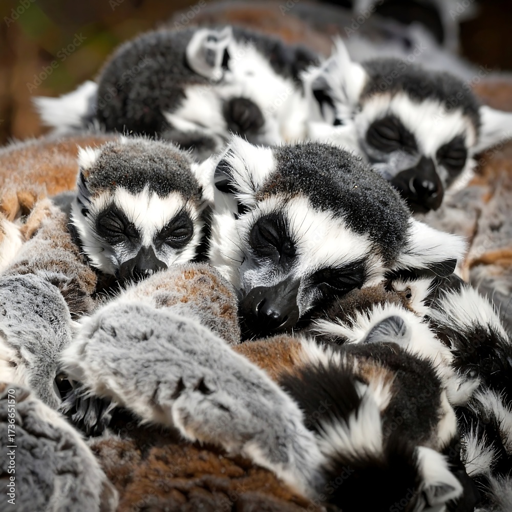 Naklejka premium Sleeping lemurs huddled together