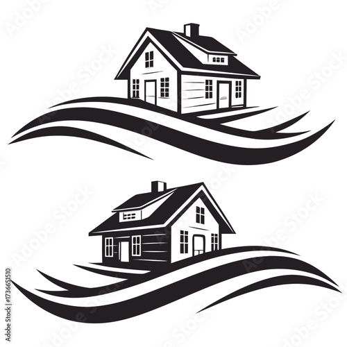 Set of two house illustrations minimalist vector design element isolated on white background