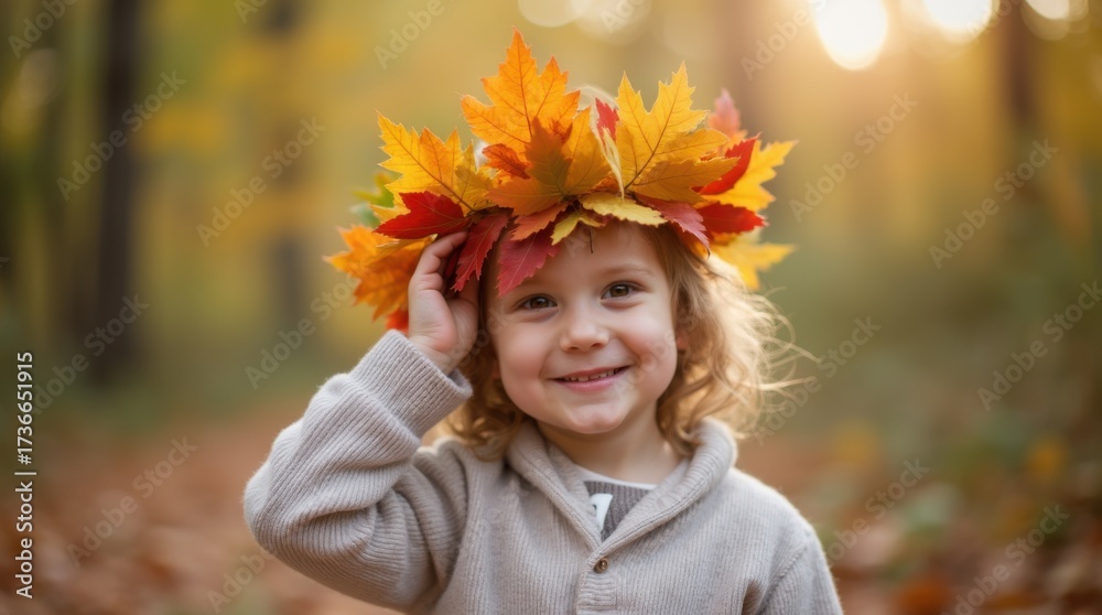 Fototapeta premium child holding a handmade leaf crown made of vibrant autumn leave