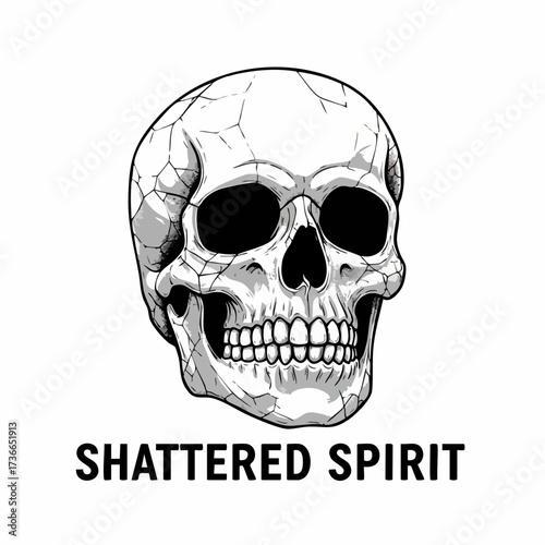 Detailed Handdrawn Cracked Skull Illustration with Shattered Effect Symbol