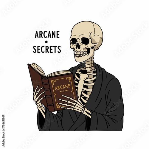 Handdrawn Detailed Skeleton Reading Arcane Secrets Book Illustration Design
