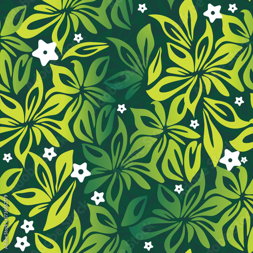 seamless floral pattern features overlapping tropical leaves in rich shades of green and yellow-green, accented by small white blossoms. The design has an organic, hand-drawn feel with layered foliage