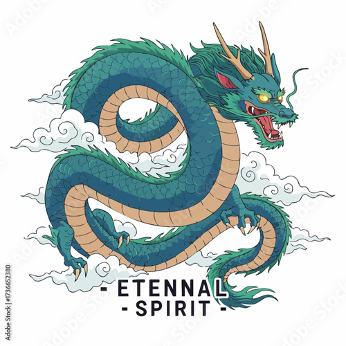 Detailed Illustration of a Mythical Asian Dragon Coil on Clouds Creature