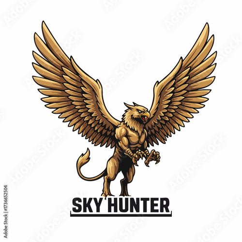 Detailed Mythological Griffin Illustration Sky Hunter Golden Winged Feline Creature