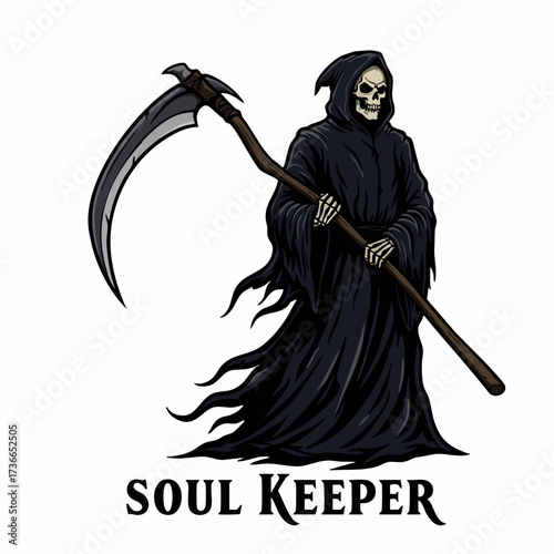 Detailed Illustration Grim Reaper Holding Scythe and Wearing Hooded Cloak Figure