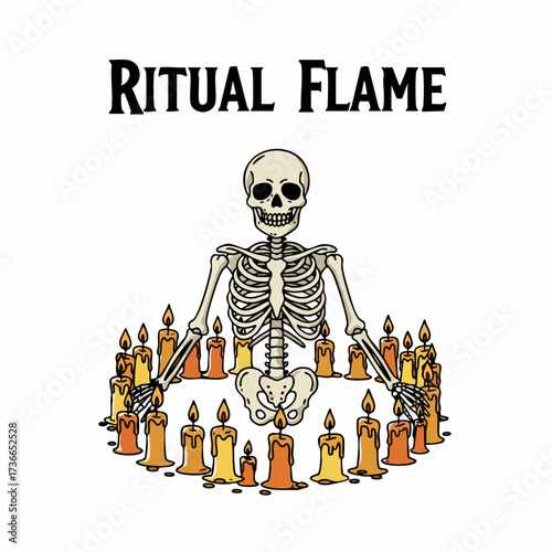 Spooky Halloween Illustration of a Skeleton Surrounded by Ritual Flame Candles