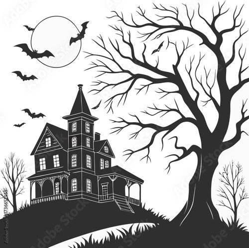 Haunted house silhouette with witch bats and howling wolf halloween halloween home silhouette black vector