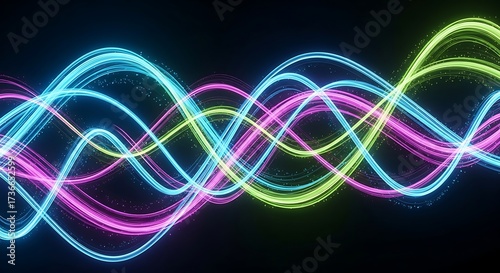 Vibrant neon waves create a stunning abstract background, perfect for modern tech designs and futuristic presentations, with a dynamic glowing effect