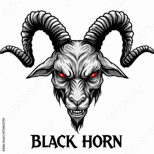 Detailed Engraving Style Goat Skull with Horns Evil Eyes Illustration