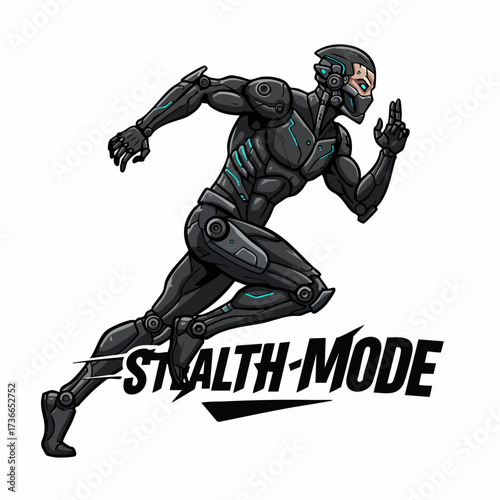 Modern Dynamic Metallic Cyborg Running Character with Stealth Mode Lettering Illustration