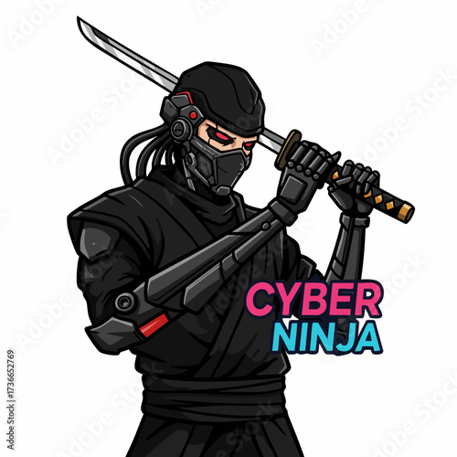 Cartoonish Detailed Cybernetic Ninja Warrior Character Illustration with Katana Sword