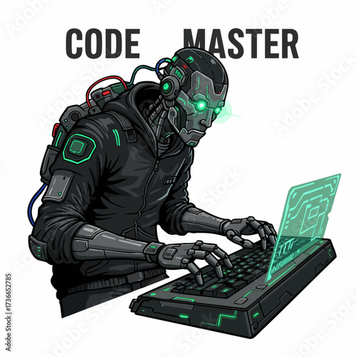 Futuristic Cyberpunk Style Robot Coder Working On Laptop Illustration Graphic