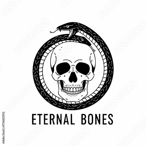 Detailed Line Art Skull with Snake Ouroboros Frame Occult Illustration
