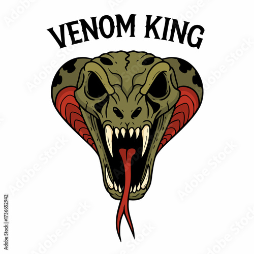 Detailed Illustration Snake Head With Venom King Text Animal Artwork