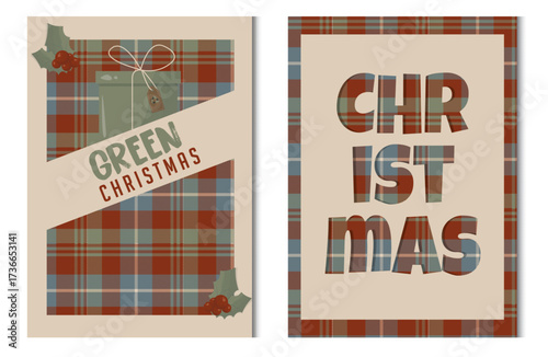 Green Christmas poster set. Sustainable Holiday Greeting Card Set. Eco-friendly Christmas card collection with plaid tartan pattern. Sustainable holiday celebration. Vector illustration