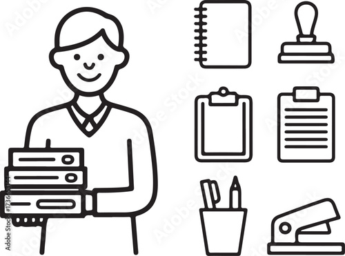 Administrative Assistant Hand-Drawn Line Icon Pack Clerk, Files, Paper Stack, Notebook, Stamp, Desk, and Office Stationery