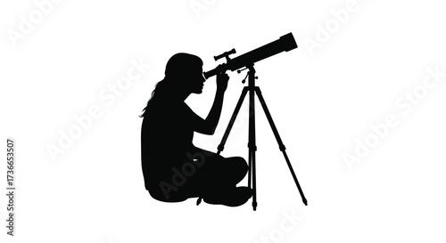 Silhouette of person looking through telescope at night sky discovering stars and planets