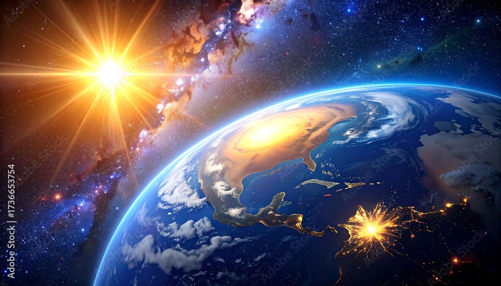 Fototapeta premium Earth in the vastness of space, sun and nebulae, breathtaking cosmic view.