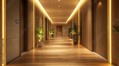 Modern and elegant hotel hallway adorned with rich wood paneling, soft LED strip lighting, and vibrant green foliage. The camera glides forward through the tranquil and peaceful corridor