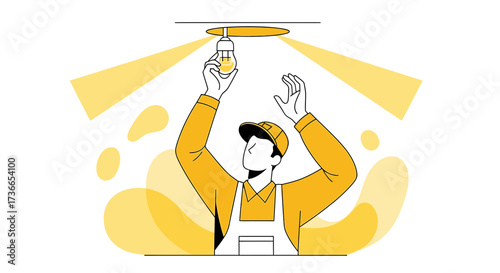 Electrician changing a light bulb concept vector illustration in flat design style