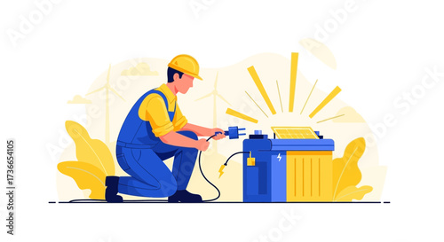 Electrician Installing Solar Panel System with Renewable Energy Concepts Design Illustration