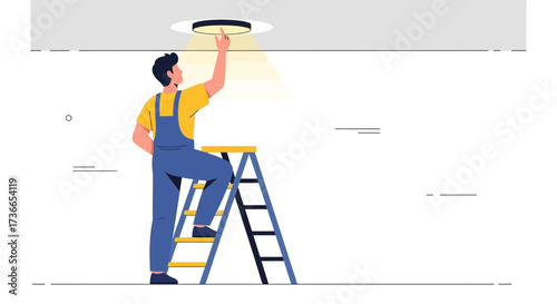 Electrician Reaching Ceiling Light While Standing On Ladder For House Maintenance Work