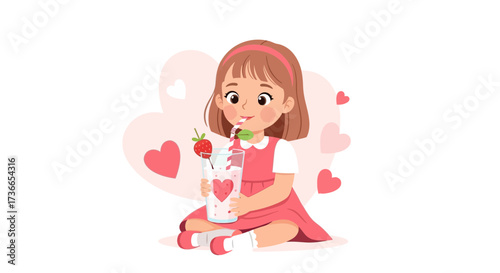 Cute Girl Enjoying Strawberry Drink: Sweet Beverage, Heart Decoration, Delightful Moment