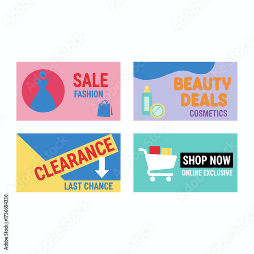 Vector illustration of sale banners for websites and mobile sites, promoting product sales, clearance, and online shopping for fashion and cosmetics